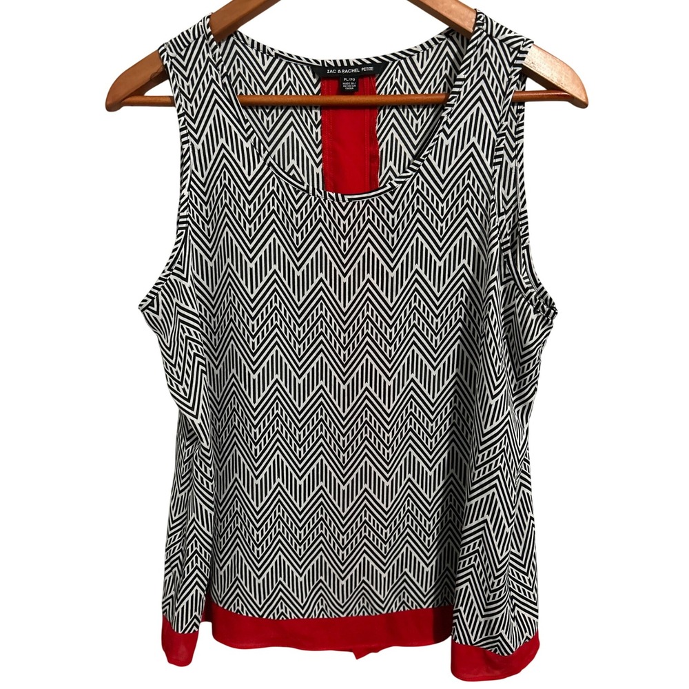 Zac & Rachel Petite Black and White Chevron Print Sleeveless Blouse Red Trim PL